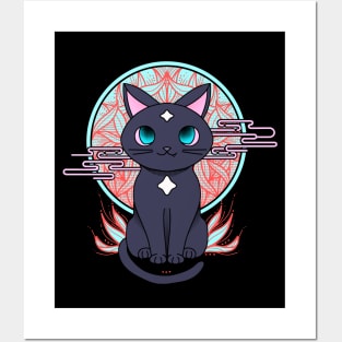 Cute anime black cat illustration with white stars. Cyberpunk manga cat. Posters and Art